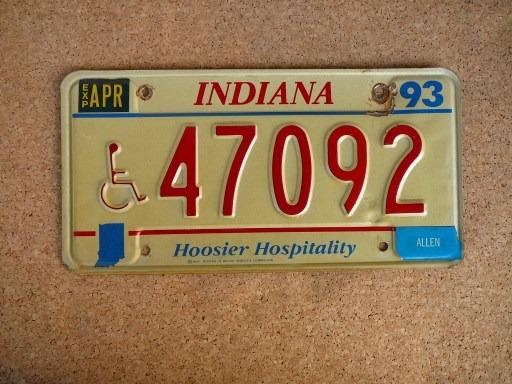 Americká SPZ Indiana 47092 – Hoosier Hospitality, invalida
